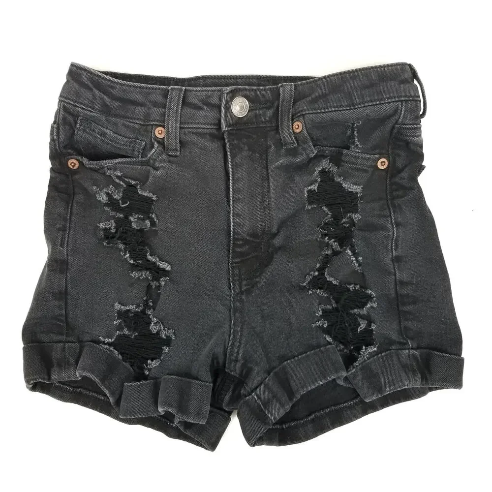 American Eagle Outfitters High Rise Distressed Mom Shorts Black Size 0